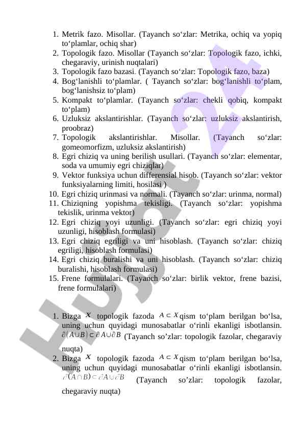 Metrik fazolar va topologik o‘rganish misollari