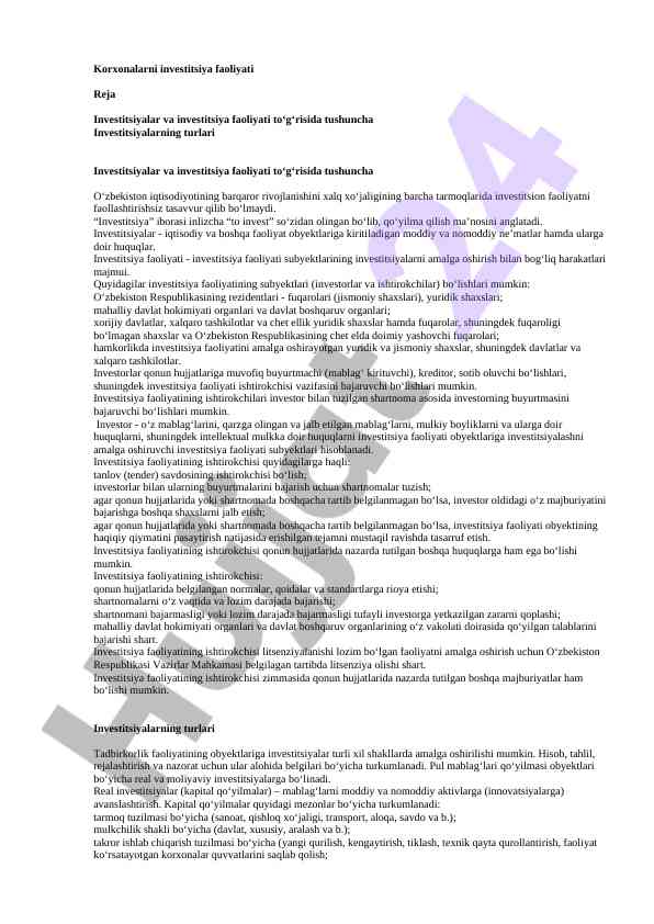 Investitsiya faoliyati va turlari o‘zbekistonda