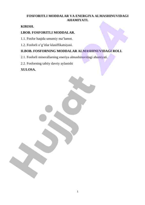 Fosforitli moddalar va energiya almashinuvidagi ahmiyati