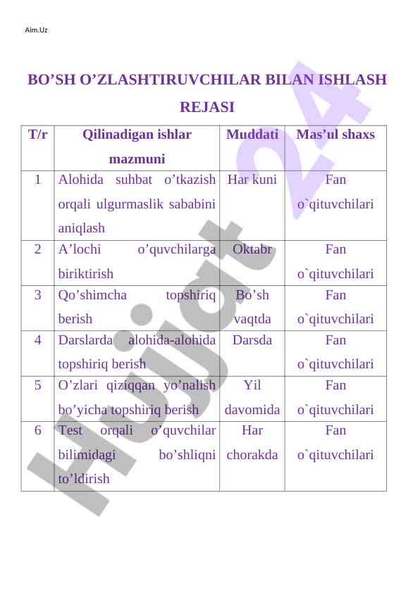 Reja bilan o‘zlashtiruvchilar bilan ishlash tizimi
