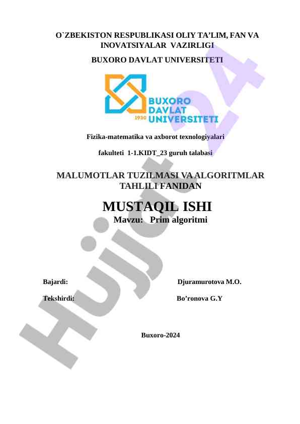 Prim algoritmi bo'yicha mustaqil ish