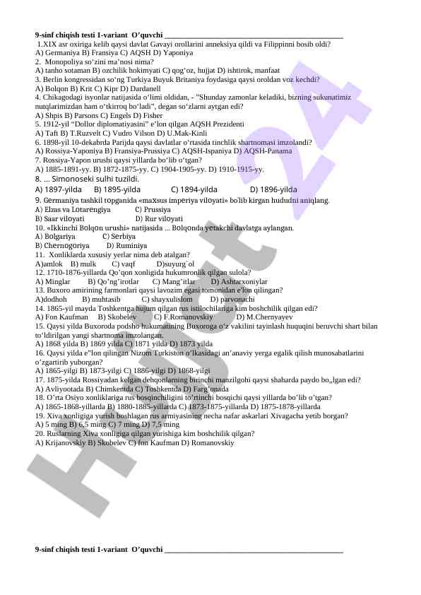 9-sinf chiqish testi 1-variant