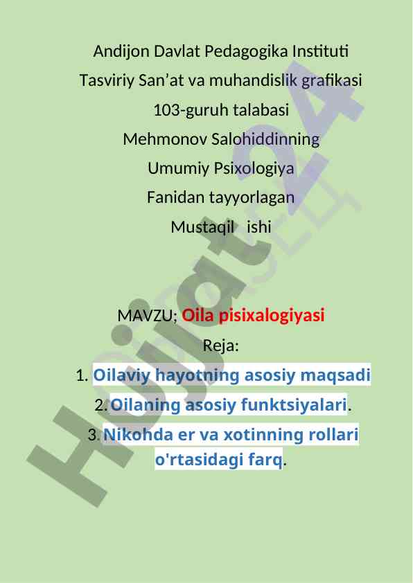 Oila psixologiyasi haqida mustaqil ish