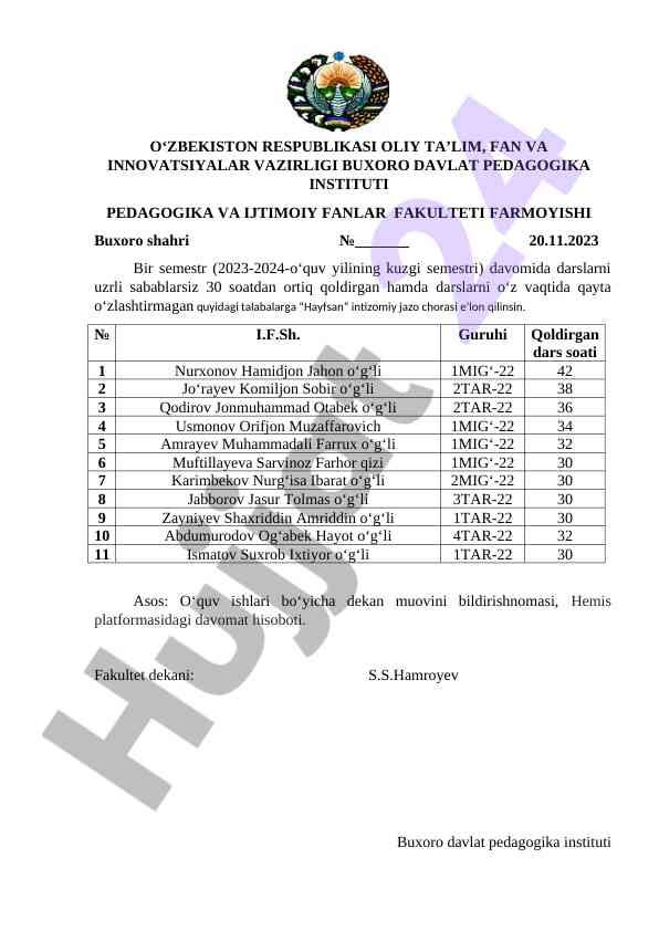 Intizomiy jazo e’lon qilish talabalar uchun