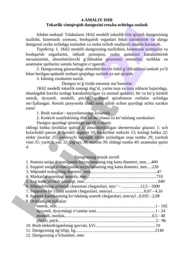 Tokarlik vintqirqish dastgoxini rezba ochishga sozlash