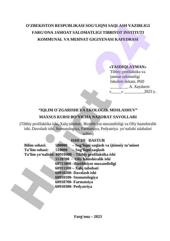 Iqlim o'zgarishi va ekologik moslashuv nazorat savollari