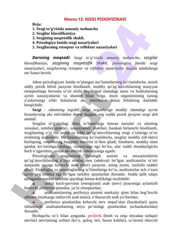 Sezgi psixofizikasi dars rejasi va maqsadi