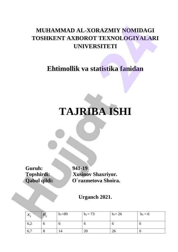 Ehtimollik va statistika fanidan tajriba ishlari