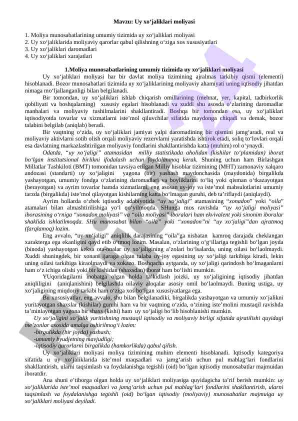Uy xo‘jaliklari moliyasi mavzu bo‘yicha dars