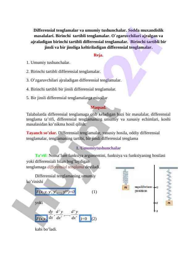 Birinchi tartibli differensial tenglamalar tushunchalari