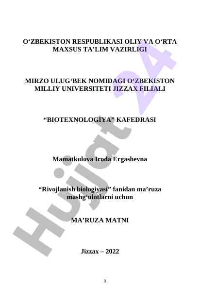 Rivojlanish biologiyasi fanidan ma’ruza matni