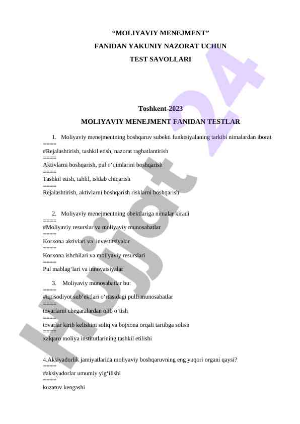 Moliya manejment fanidan test savollari