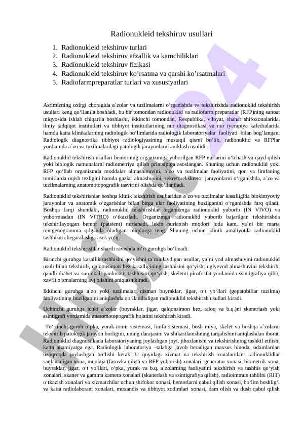 Radionukleid tekshiruv usullari va ularning xususiyatlari