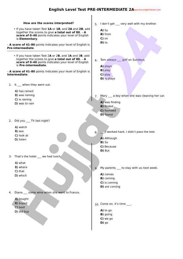 Test 1a va 1b ingilis tili testi baholash