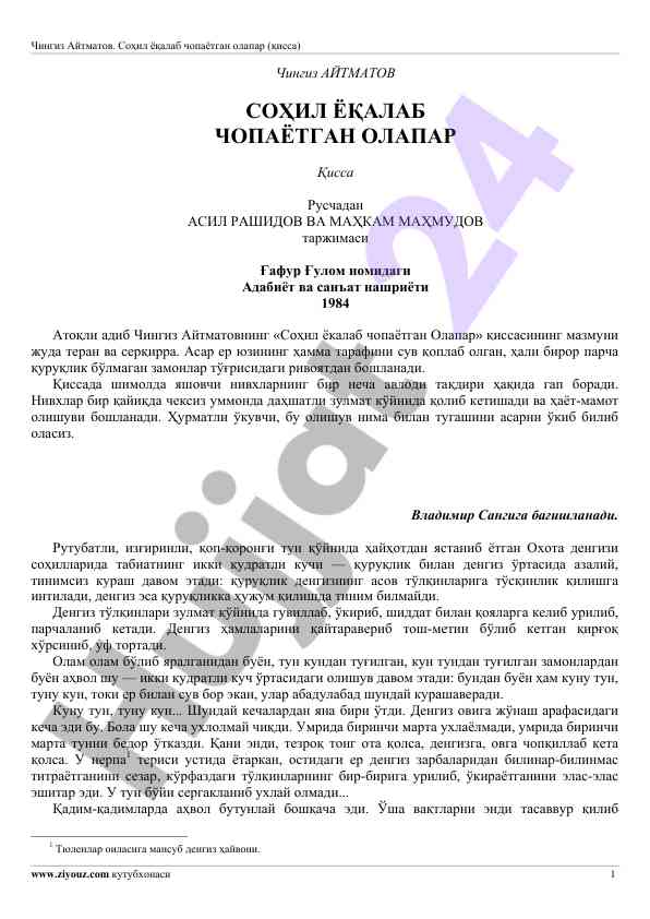 Soʻhil yoqalab chopaётgan olapar асарining tahlili