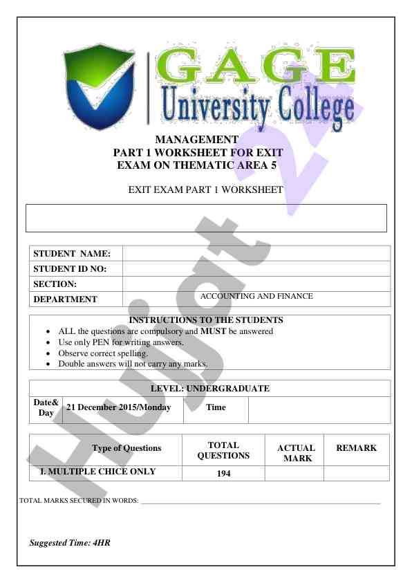 4hr management part 1 worksheet for exit exam