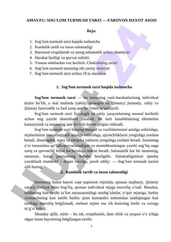 Sogʻlom turmush tarzi — farovon hayot asosi