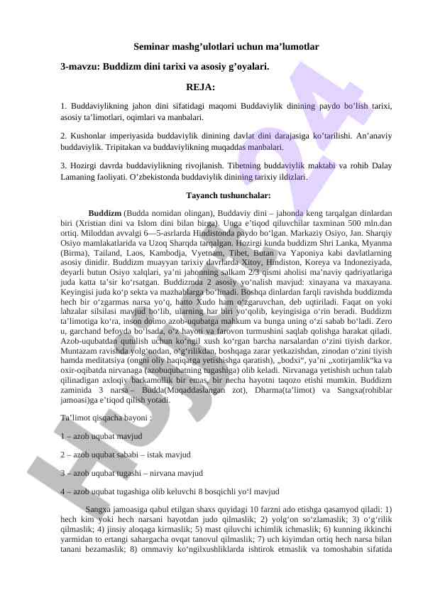 Buddizm dini tarixi va asosiy g'oyalari