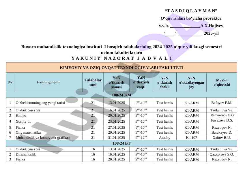 Yakuniy nazorat jadvali 2024-2025 o‘quv yili uchun