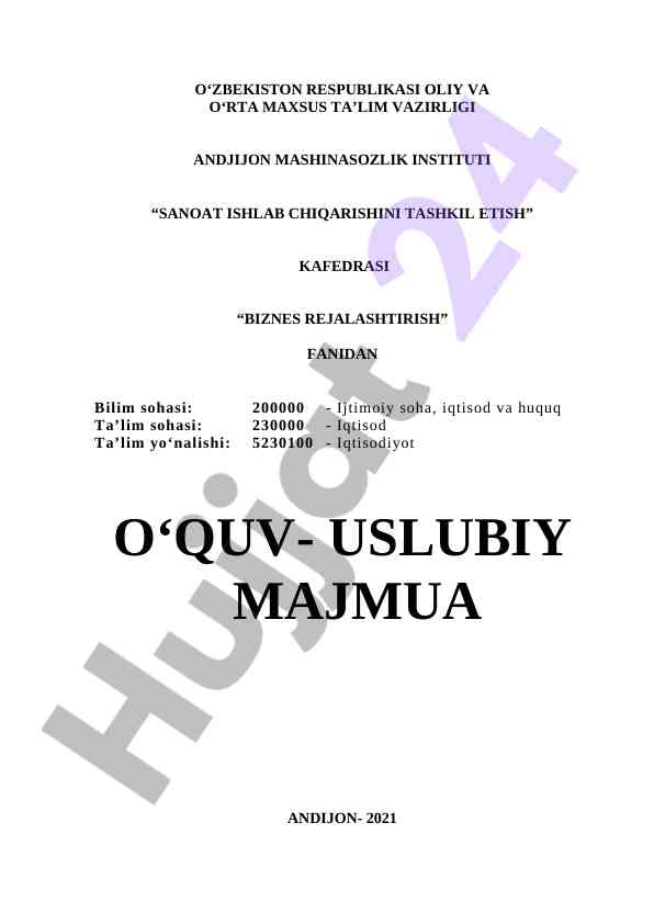 Biznes rejalashtirish fanidan o‘quv-uslubiy majmua