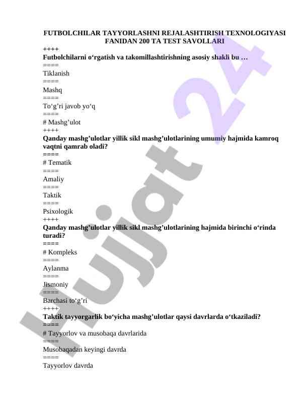 Futbolchilar o‘qitish texnologiyalari test savollari