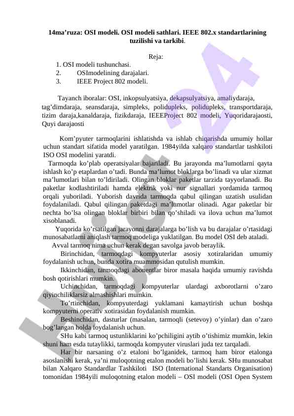 Osi modeli va ieee 802.x standartlari tushunchalari