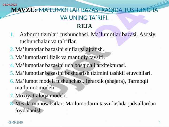 Ma’lumotlar bazasi haqida tushuncha va ta’rif