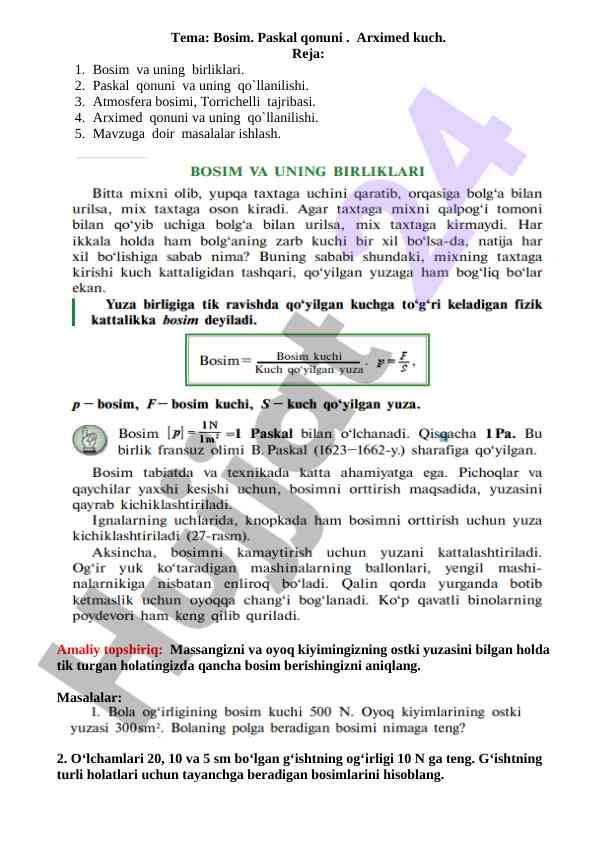 Bosim va paskal qonuni tajribalari