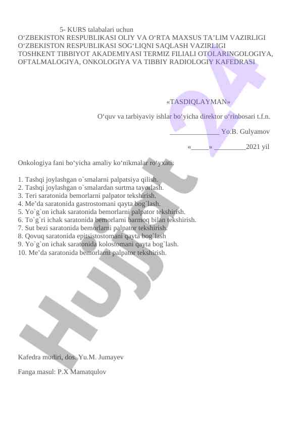 Amaliy ko‘nikmalar bo‘yicha onkologiya fani