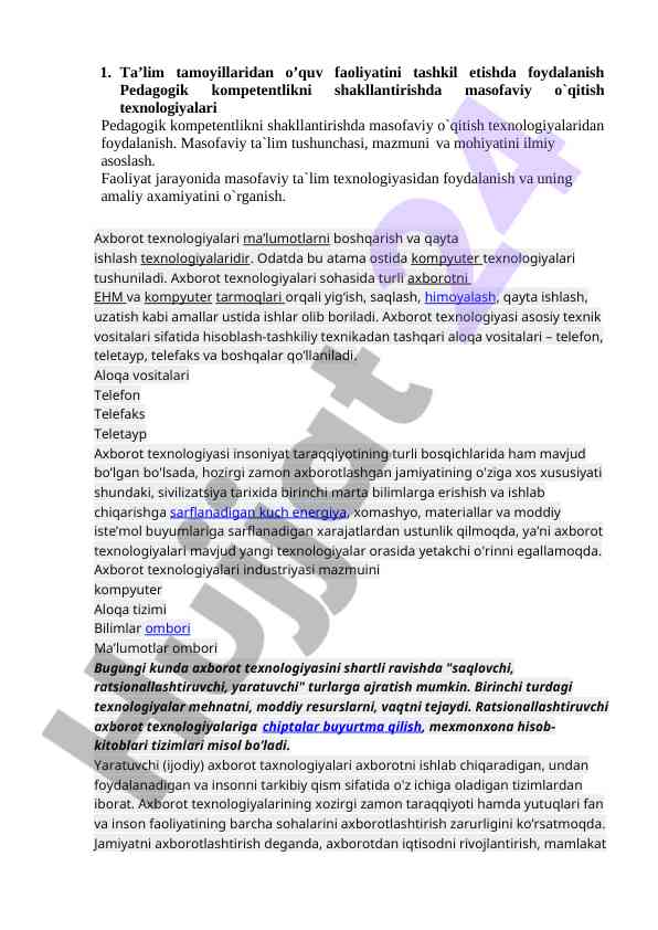 Masofaviy o‘qitish texnologiyalari va pedagogik kompetentlik