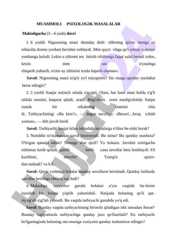 Maktabgacha yoshdagi psixologik muammolar