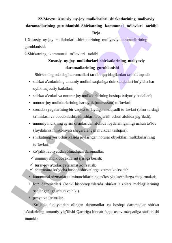Xususiy uy-joy mulkdorlarining moliyaviy daromadlari