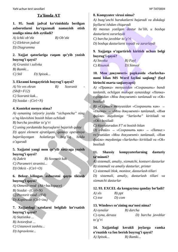 Ta'limda at test savollari va javoblar
