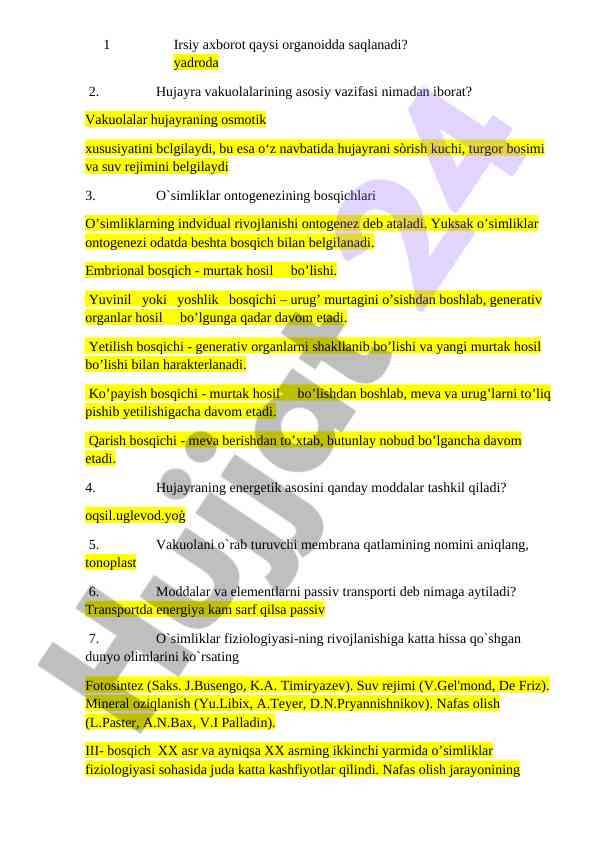 O'simliklar ontogenezining bosqichlari va hujayra vazifalari