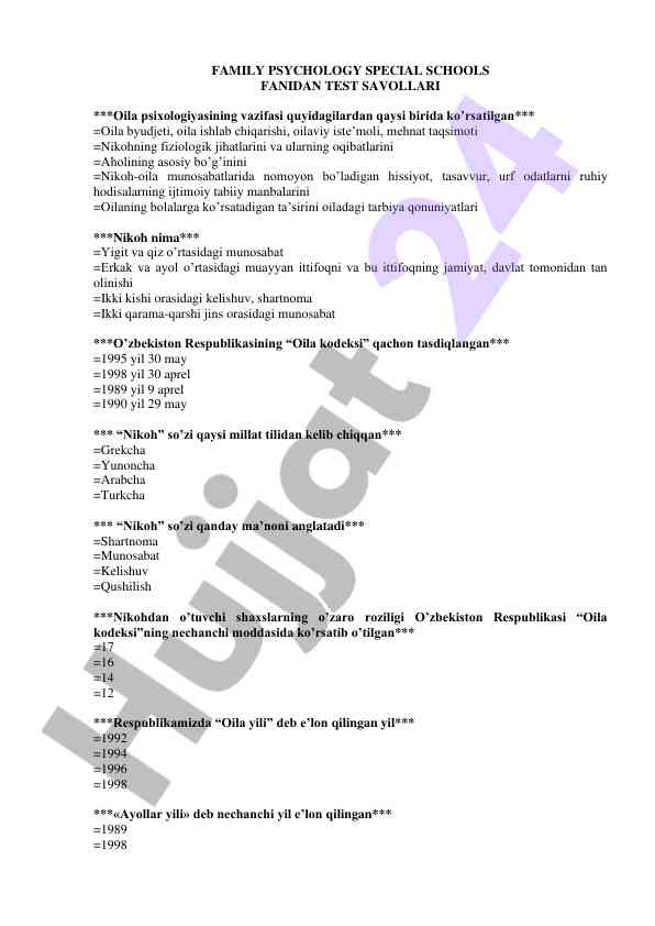 Oila psixologiyasi fanidan test savollari