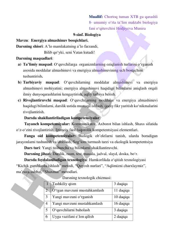 Energiya almashinuv bosqichlari dars ishlanmasi