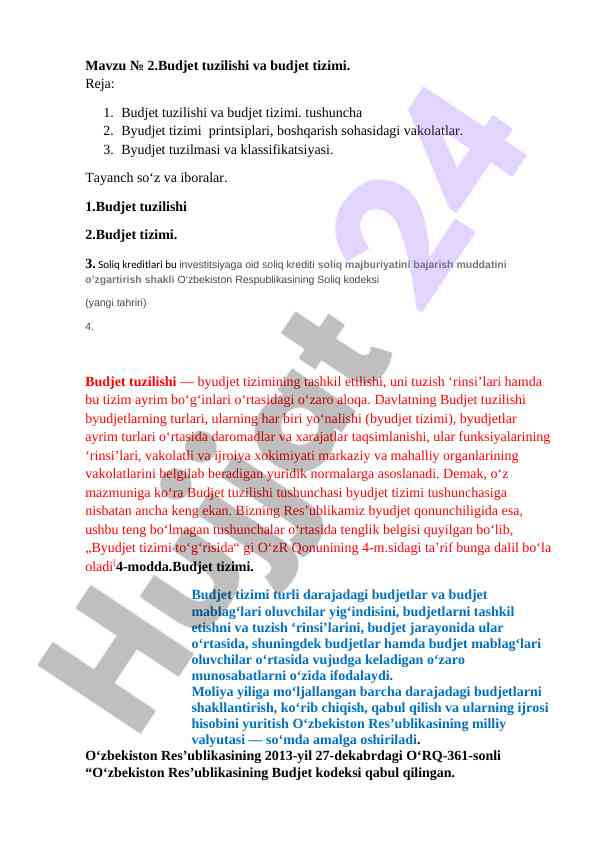Budjet tuzilishi va budjet tizimi haqida ma'lumotlar