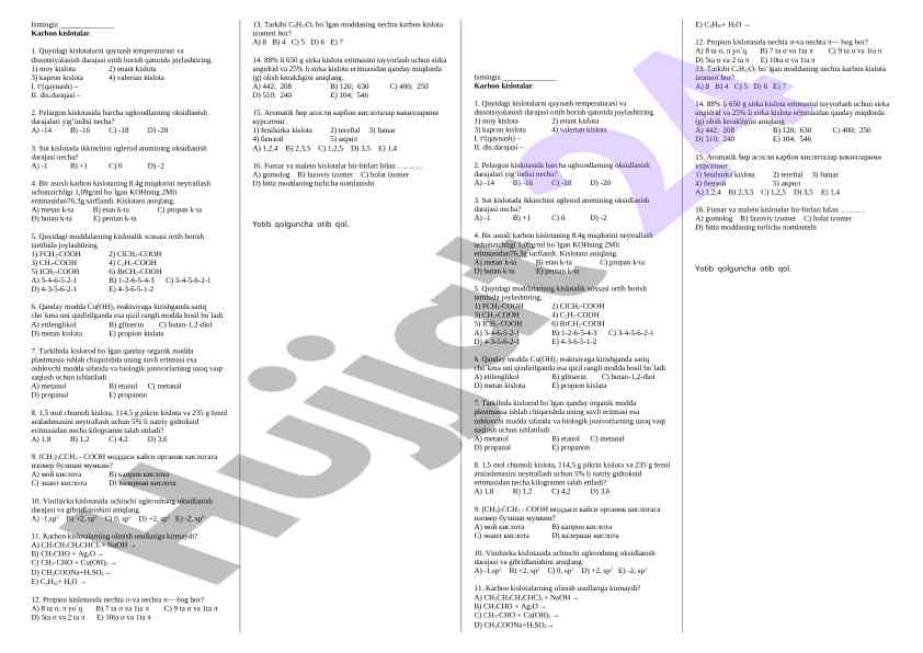 Karbon kislotalariga oid test savollari