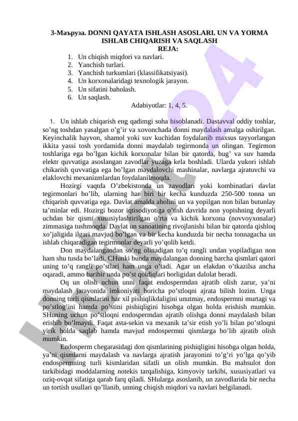 Donni qayata ishlash asoslari va un ishlab chiqish