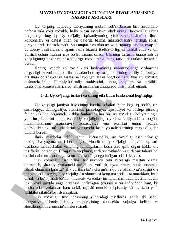 Uy xo‘jaligi faoliyati va rivojlanishining nazariy asoslari