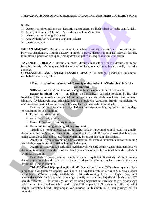 Dasturiy ta'minot tushunchasi va tasniflanishi