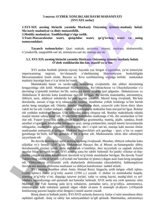 O'zbek xonliklari davri madaniyati tahlili