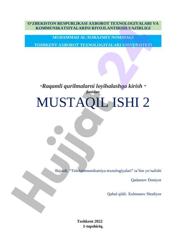 Raqamli qurilmalarni loyihalash fanidan mustaqil ish