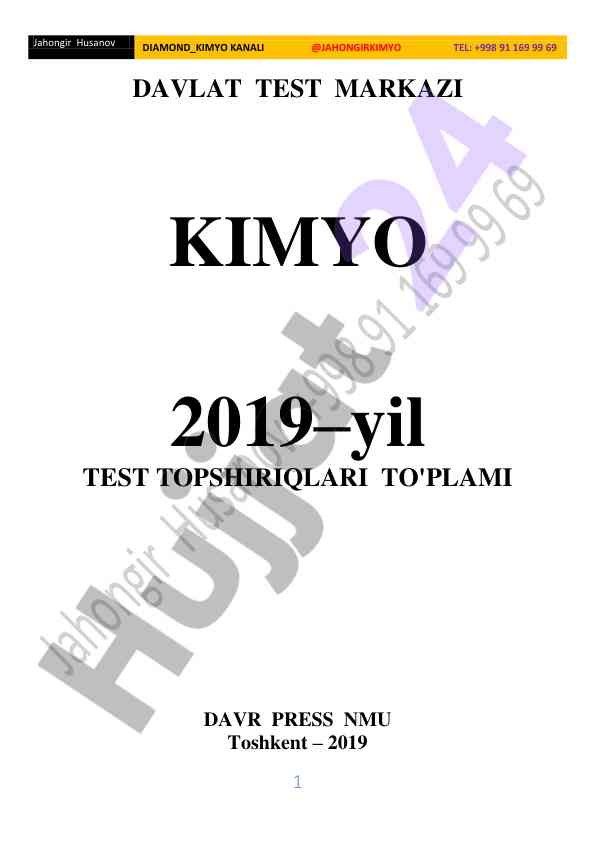 Kimyo 2019–yil test topshiriqlari to'plami