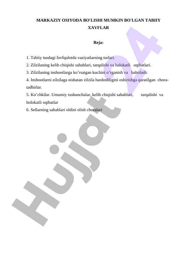Markaziy osiyoda tabiiy xavflar tahlili