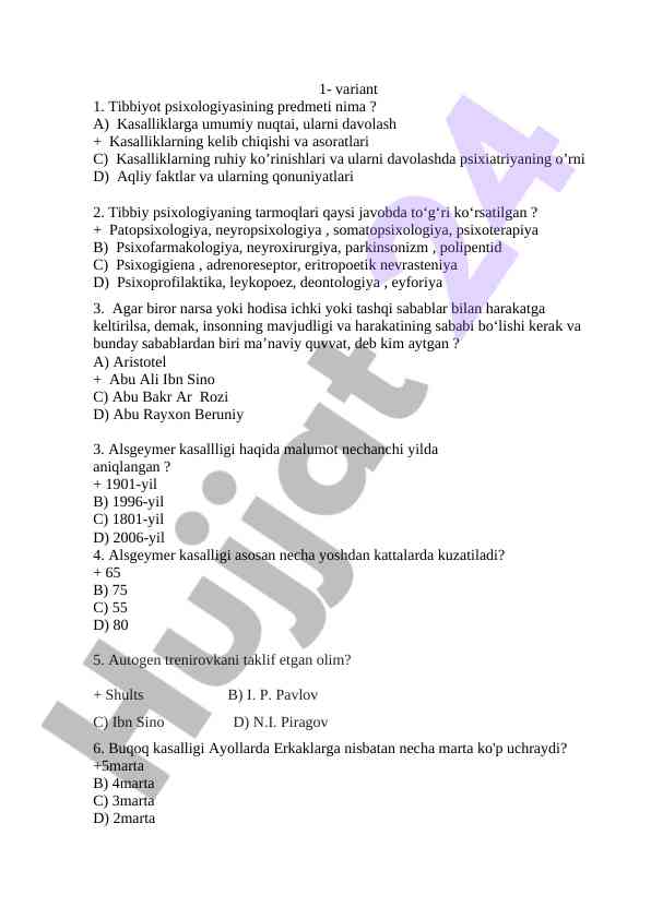 Tibbiyot psixologiyasiga doir test savollari