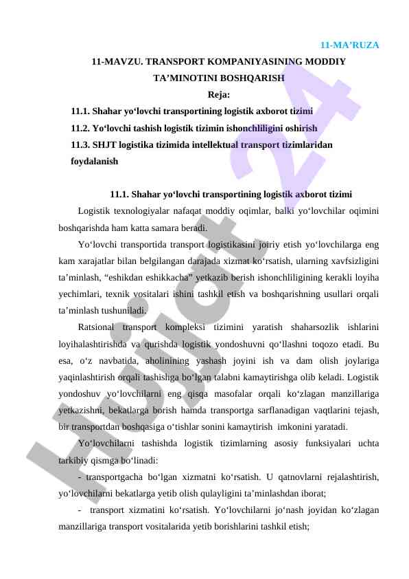 Transport kompaniyasining moddiy ta'minotini boshqarish