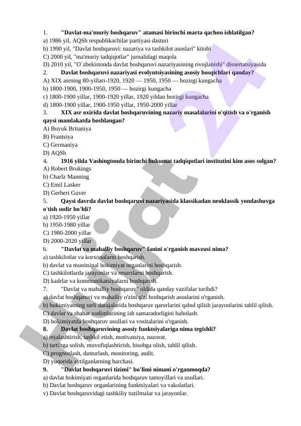 Davlat boshqaruvi nazariyasi testlari va savollari