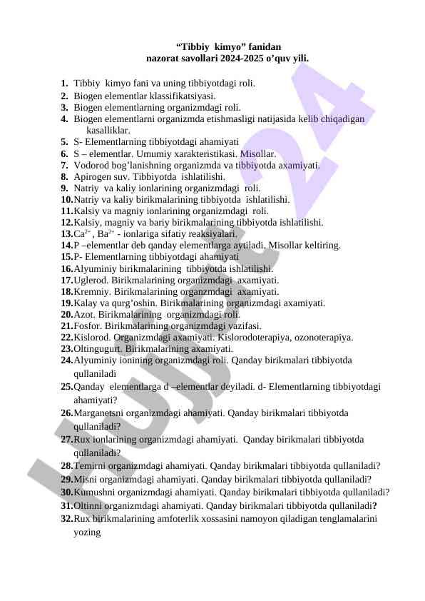 Tibbiy kimyo fanidan nazorat savollari 2024-2025