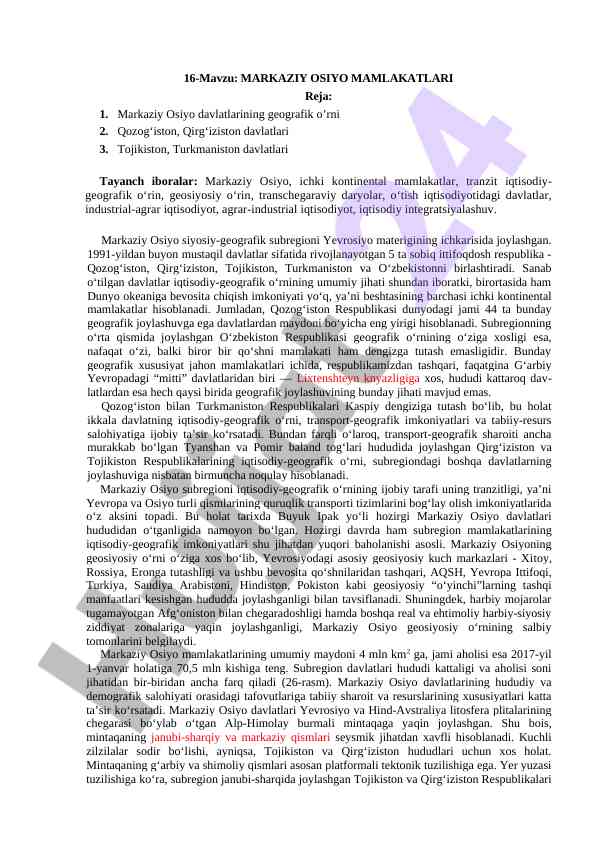 Markaziy osiyo mamlakatlarining geografik o‘rni